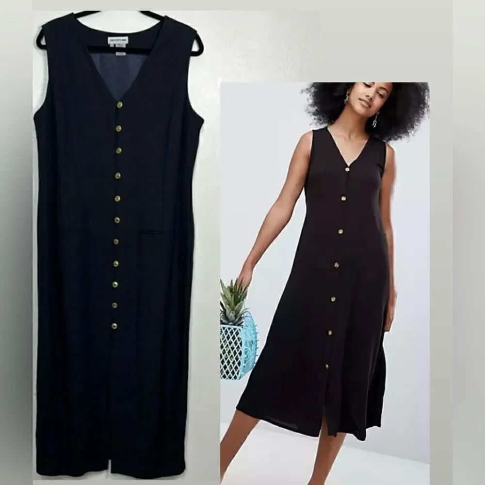 For Pete’s Sake Linen Blend Black Button Front Sleeveless Dress Size 14